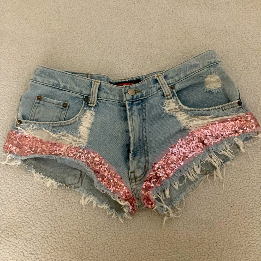Light Blue Distressed Denim Jean Shorts with Pink Sequin Trim
